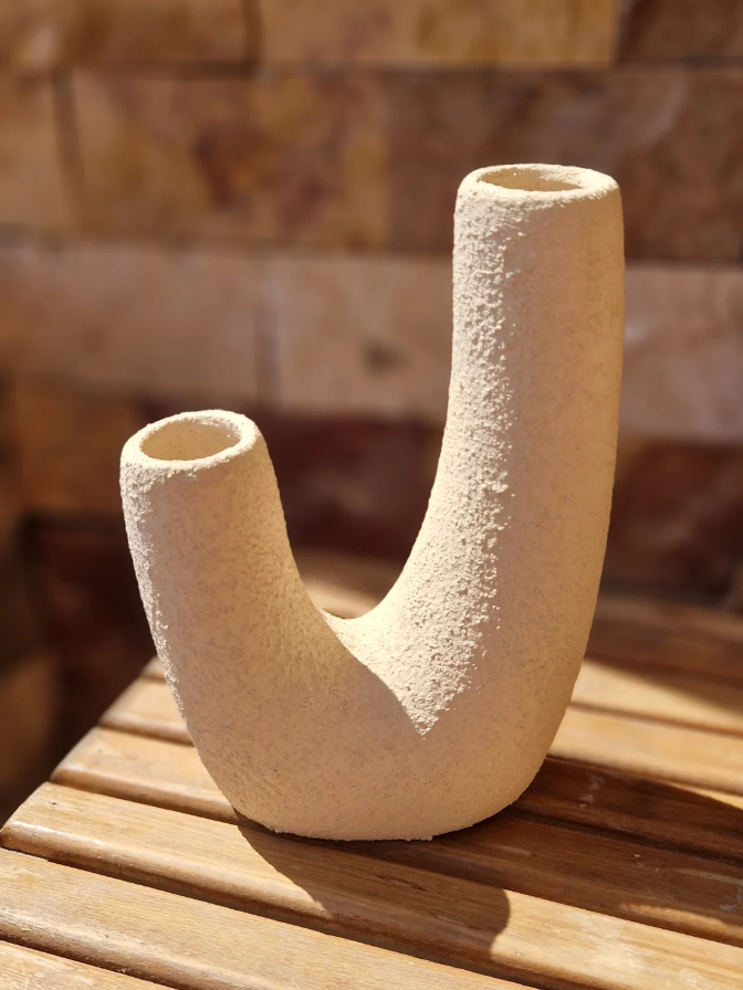 Handmade Beige Pottery Vase – Double Tube Design