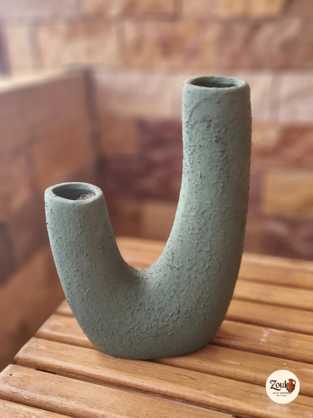 Handmade Dark Green Pottery Vase – Double Tube Design