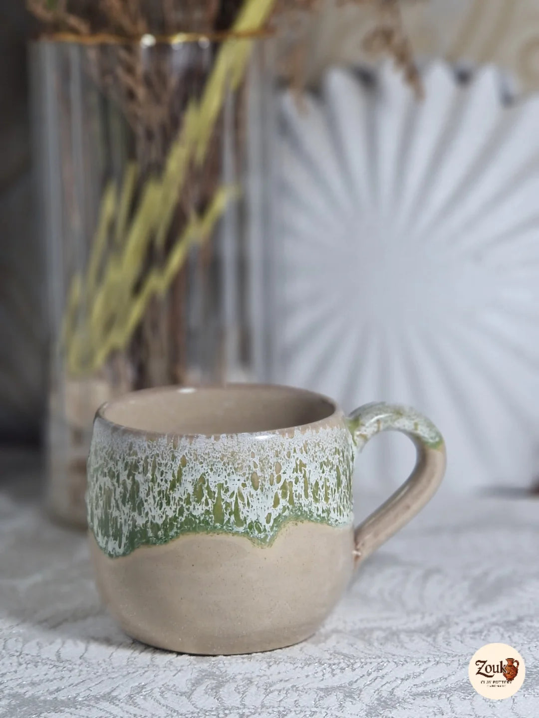 DRIP Collection – Beige & Green Glazed Pottery Mug (300 ml)