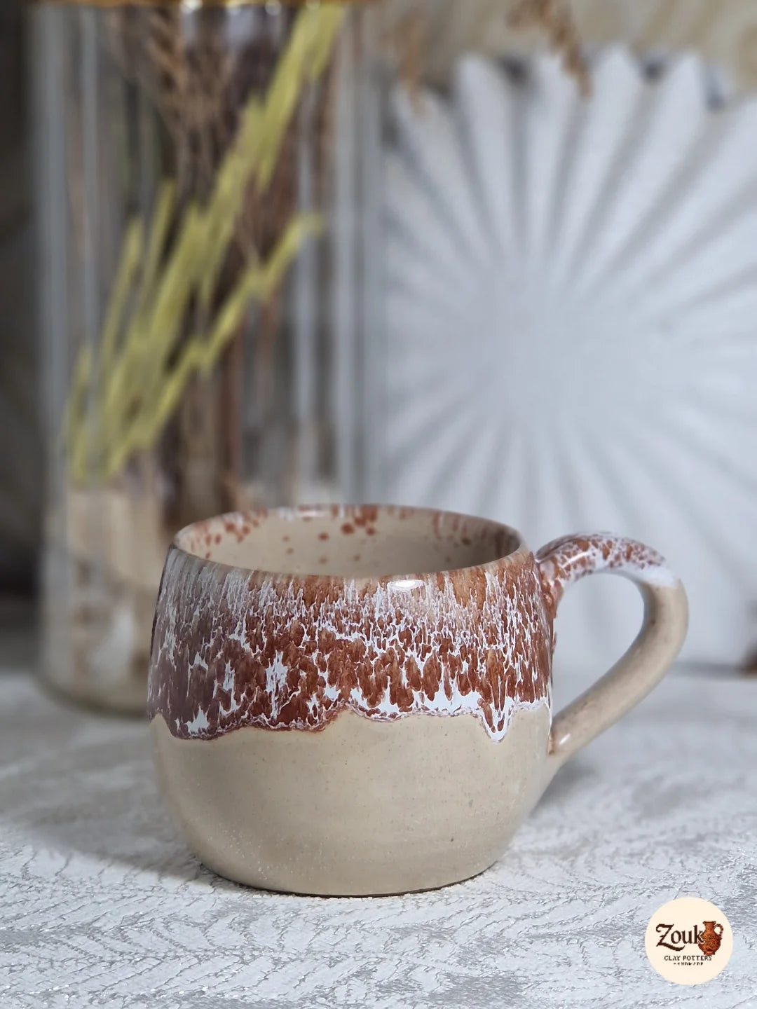DRIP Collection – Beige & Brown Glazed Pottery Mug (300 ml)