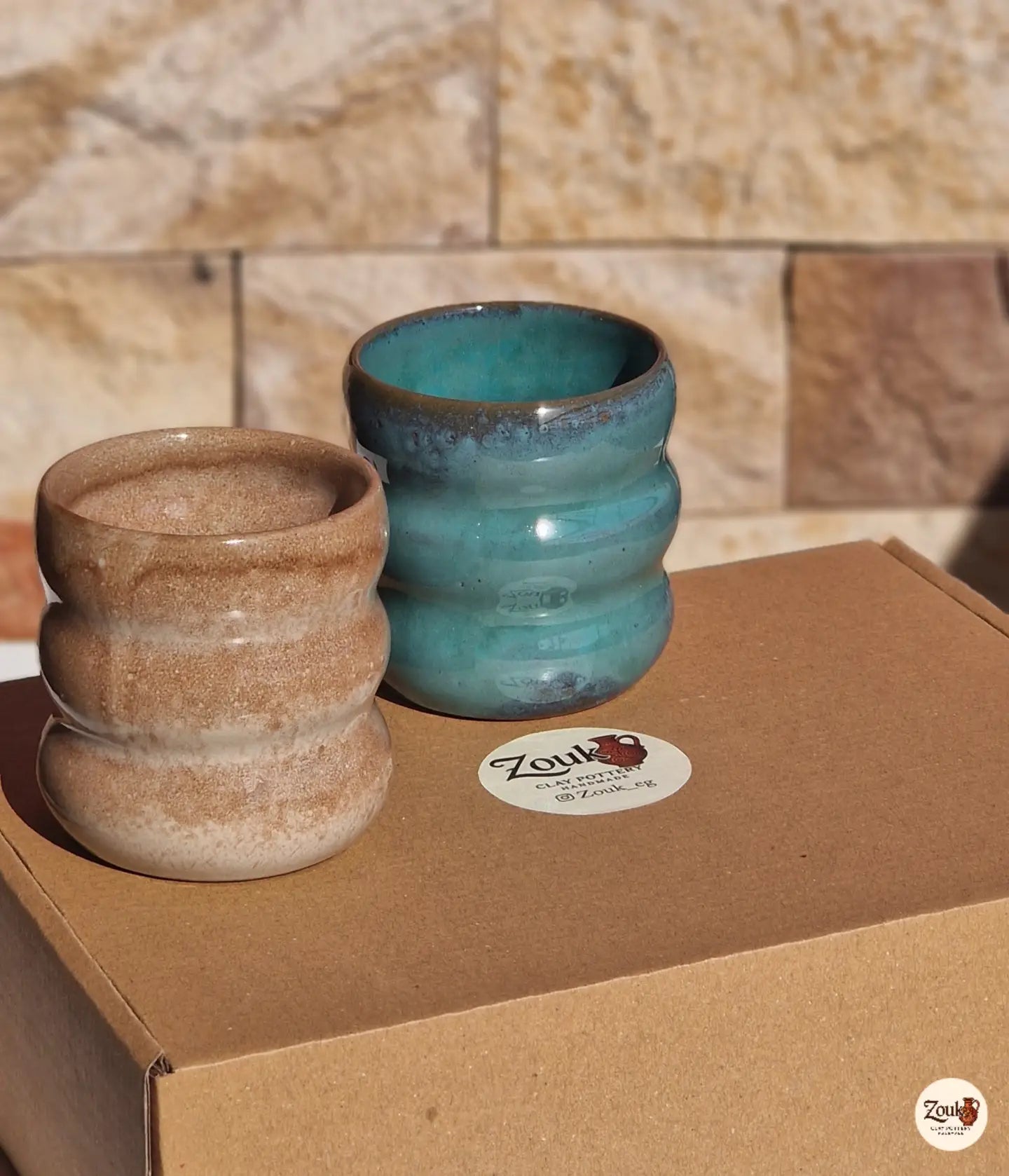 Puffy Collection – Sandy Beige & Turquoise Blue Set (2 Handmade Pottery Cups – 250 ml each)