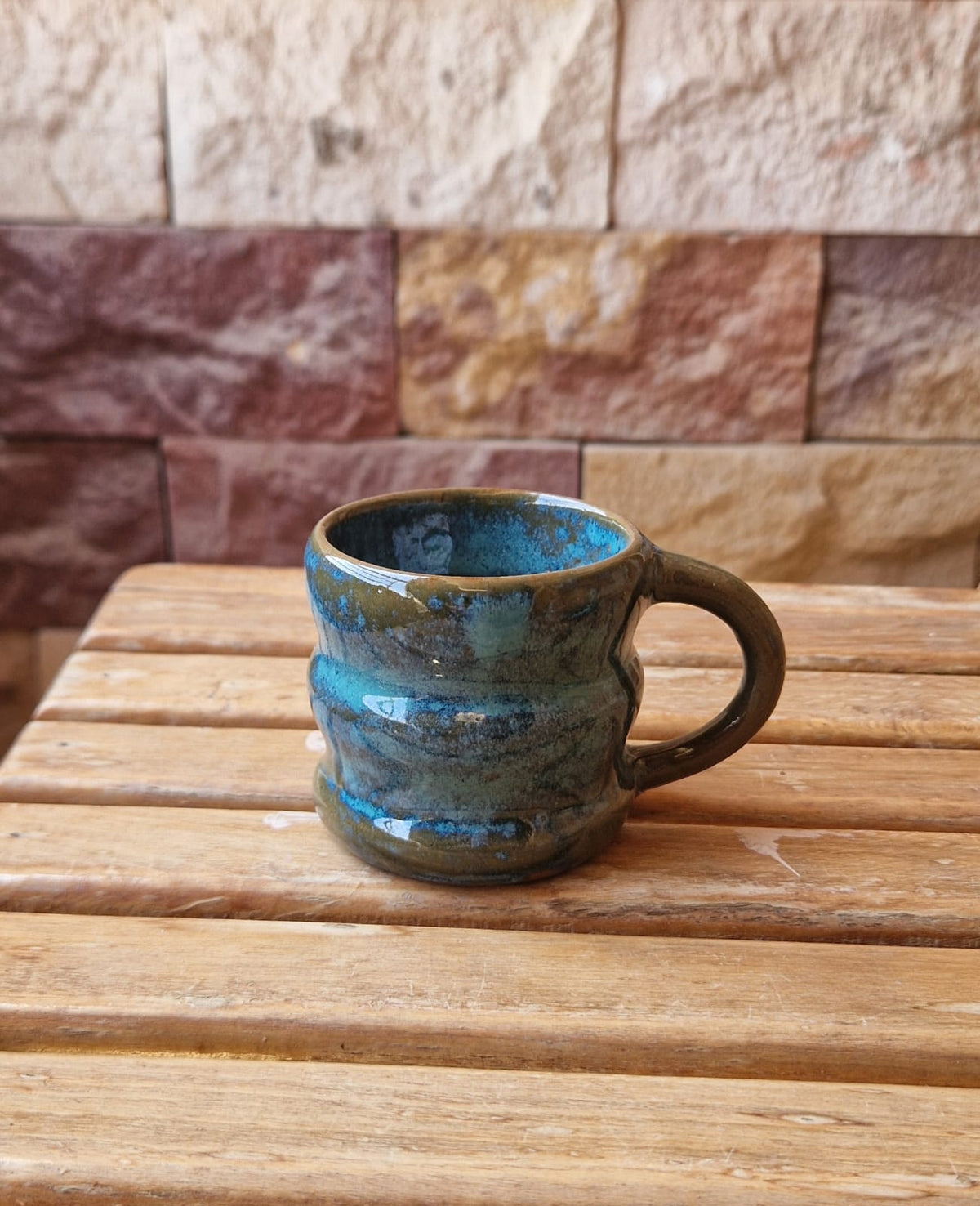 Puffy Collection – Turquoise Blue Handmade Pottery Cup (With Handle) – 100 ml