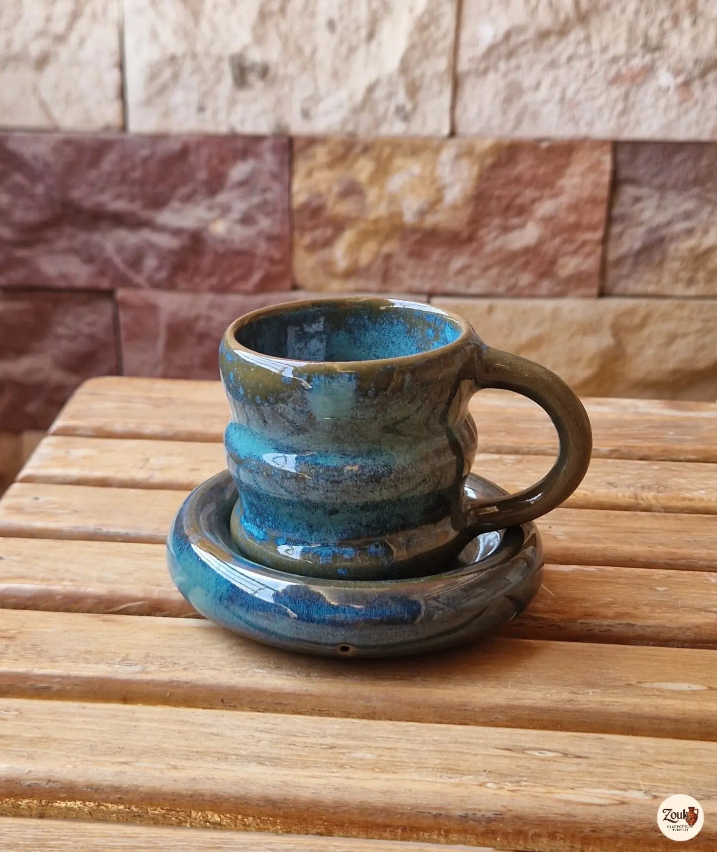 Puffy Collection – Turquoise Blue Handmade Pottery Cup With Saucer (With Handle) – 100 ml